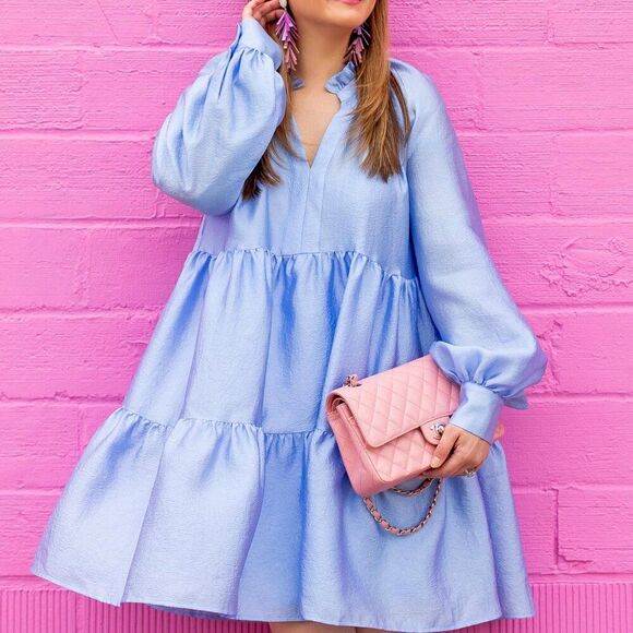 Stine Goya Jasmine Mini Dress Light Blue Tiered Trapeze Shift Taffeta V-Neck S - Picture 2 of 11